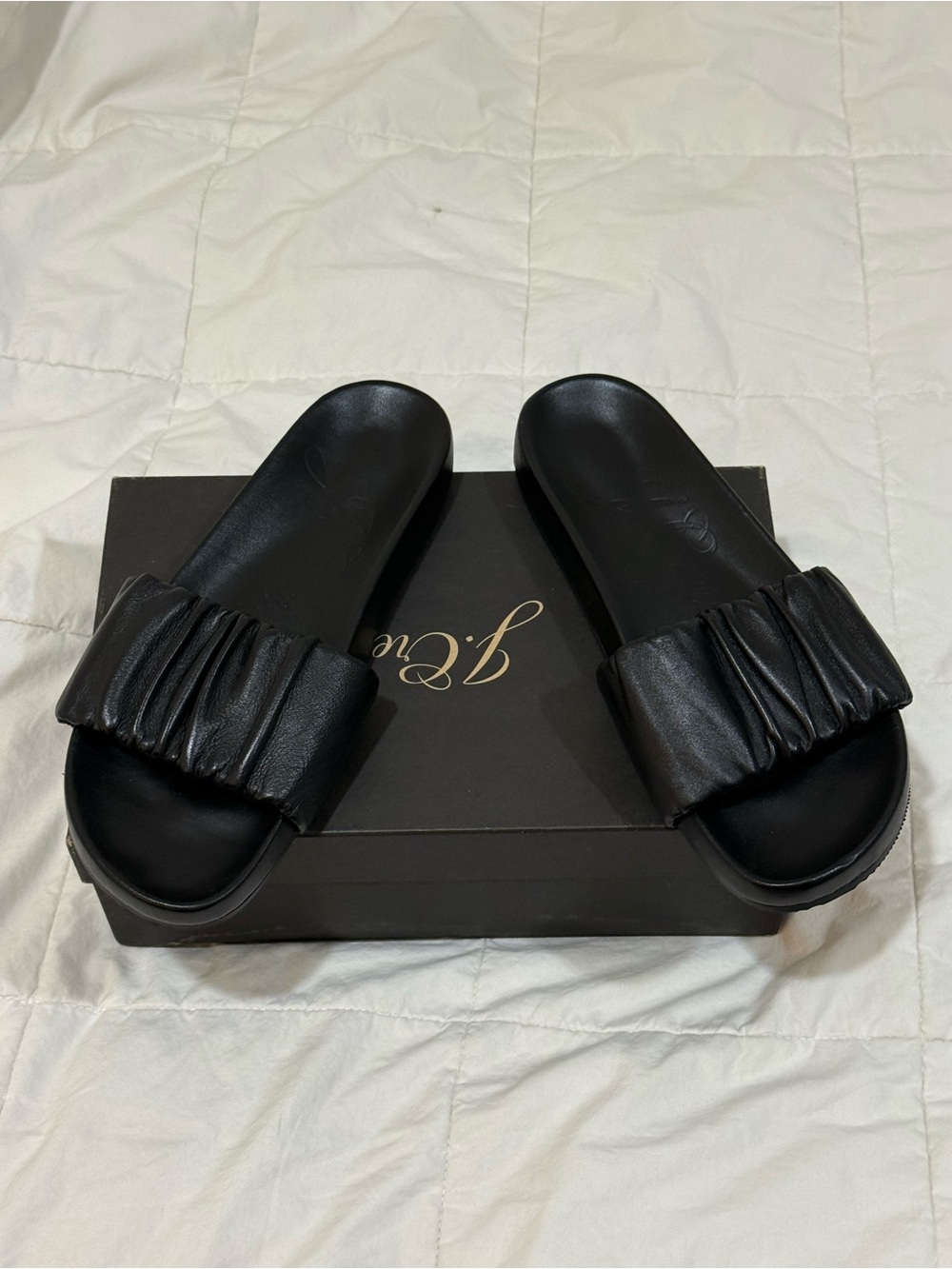 J. Crew Black Leather Pacific Scrunchie Strap Slide Sandals